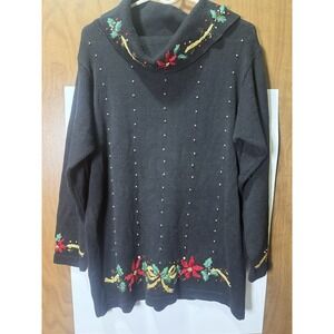Victoria Jones Black‎ Sequin Beaded Sweater M Gold Red Green Vintage Sweater